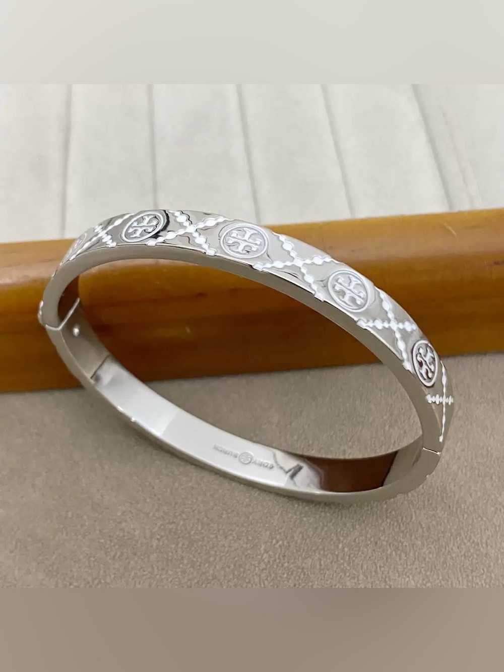 Tory Burch Silver White Line Monogram Logo  Bangle